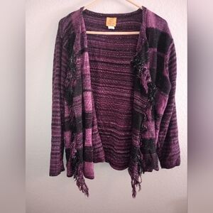 Purple and Black Glitter Striped Fringe Cardigan
